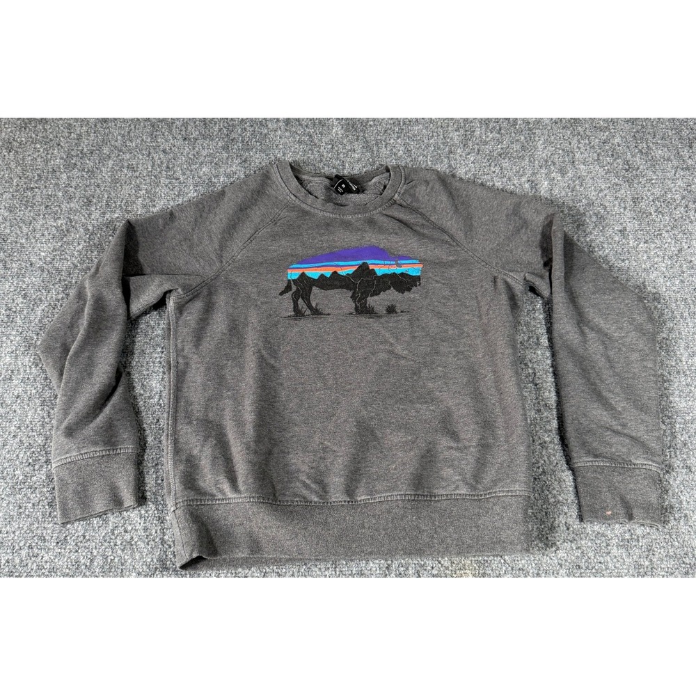 Patagonia Organic Cotton Bison Graphic Sweatshirt Gray Raglan Pullover XS